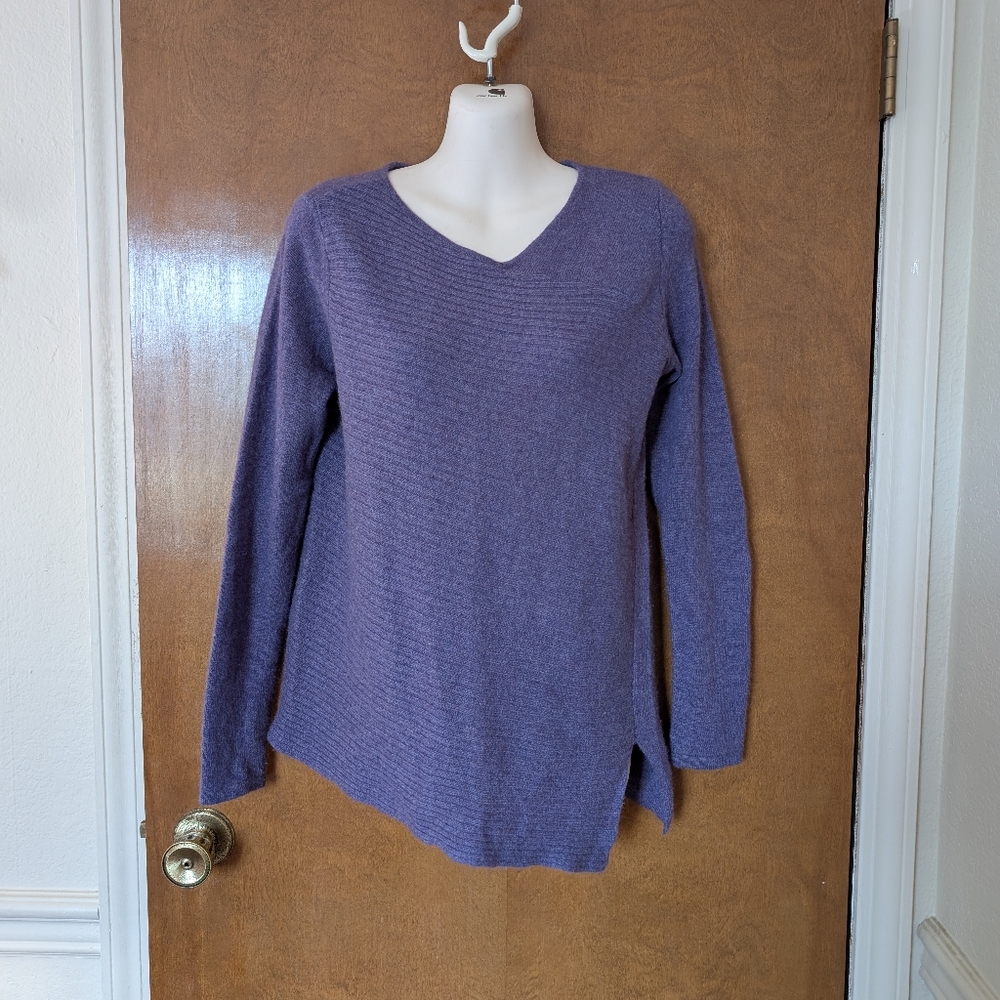Griffen Cashmere Purple Ribbed Asymmetrical Hem Long Sleeve Sweater